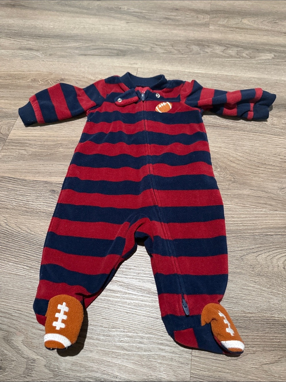Carter's Red & Navy Striped Footed One-Piece with Football Accents